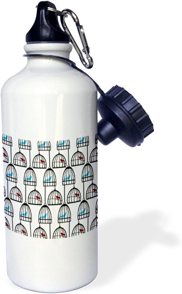 3dRose "Red and Blue Birds and Birds Cages" Sports Water Bottle, 21 oz, White