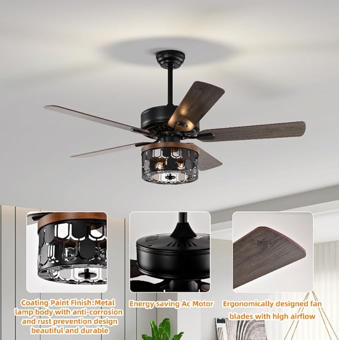 NicBex Ceiling Fan 52 Inch Ceiling Fan with Lights Vintage Ceiling Fans with 5 Blades and Remote Control Ceiling Fan with Round Lamp Shade for Bedroom, Living Room, Matte Black