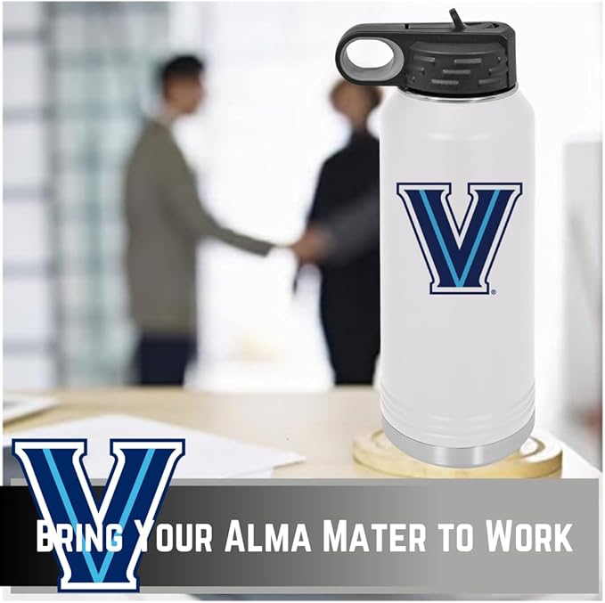 Villanova University Wildcats 32oz Stainless Steel Double Walled White Beverage Bottle with Flip Straw Spout - College Gear for Playoff Season – For Office, Home or Auto – Show your Wildcat Pride