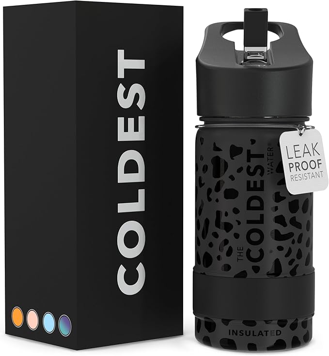 Coldest Sports Water Bottle - Straw Lid Bottle with Handle Leak Proof, Vacuum Insulated Stainless Steel, Double Walled, Thermo Mug, Metal | Black Leopard 14 oz