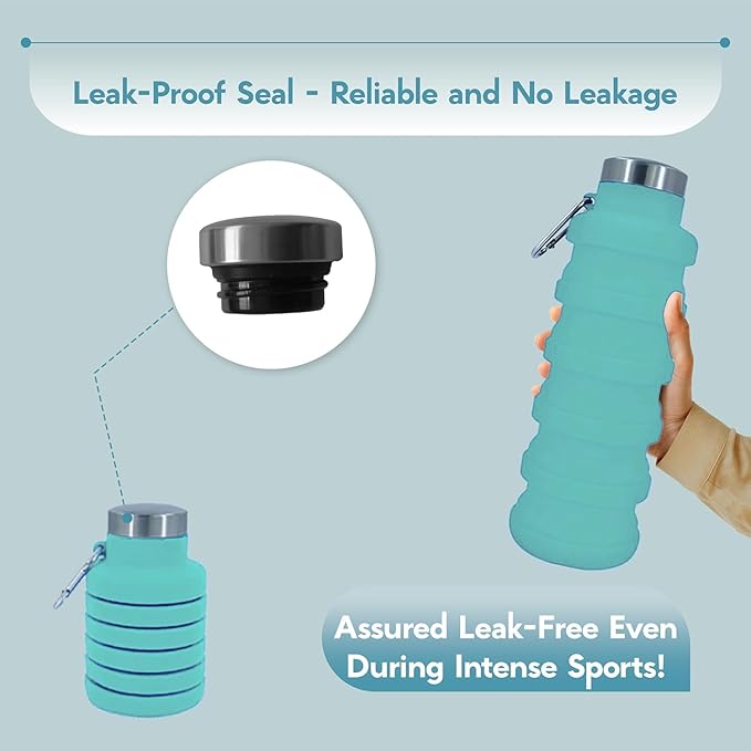 Collapsible Water Bottles 17oz, Odorless BPA-Free Silicone, Leak-Proof Foldable Reusable Bottle - Perfect for Travel Sports Gym Hiking Camping Cycling - Turquoise