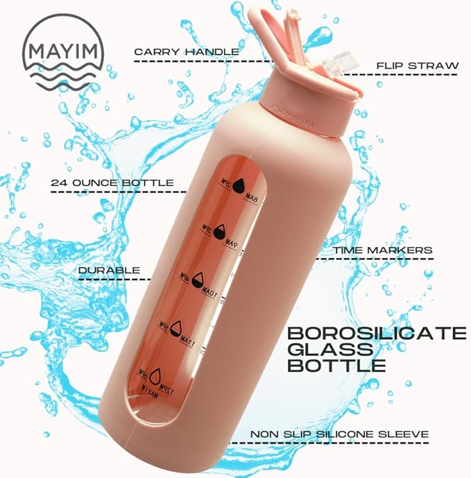 Mayim 24 Oz Glass Tumbler with Straw and Handle, Reusable Motivational Glass Water Bottle with Silicone Sleeve and Time Marker, Leak Proof Borosilicate Water Bottle -Blush