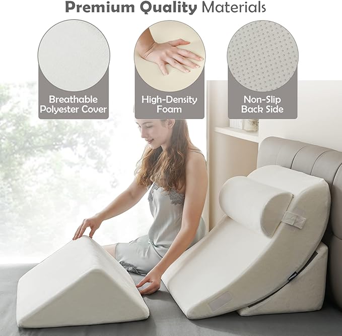 Ganaver 4pcs Orthopedic Bed Wedge Pillow Set Post Surgery Relaxing Back Adjustable Head Support Cushion Triangle Memory Foam Pillow for Acid Reflux Sleeping Reading Leg Elevation Snoring White