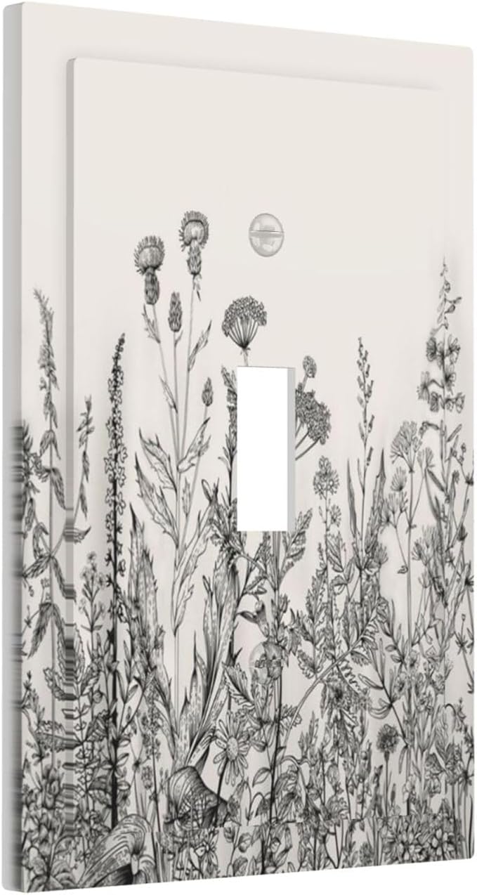 Vintage Grey Floral Herbs Wild Flowers Botanical 1 Gang Boho Light Switch Covers Decorative Country Single Toggle Wall Plate Switchcover Electrical Switchplate for Bedroom Decor