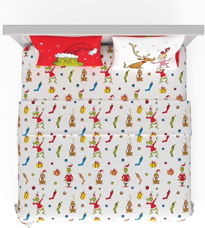 Franco Collectibles Dr. Seuss The Grinch Holiday & Christmas Bedding Super Soft Microfiber 4 Piece King Sheet Set, (Officially Licensed Product)