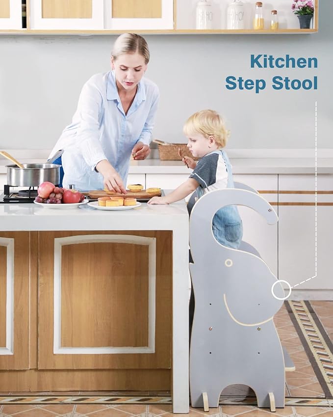 PP OPOUNT Toddler Kitchen Stool, 3-Level Adjustable Toddler Tower, Wood Step Stools for Kids with Safety Protective Net and Non-Slip Mat, Elephant Style, Solid Wood Gray