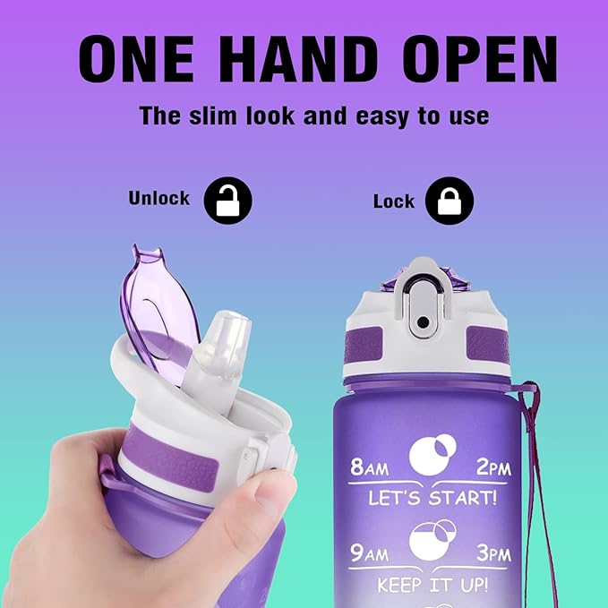 Prometheuz 32oz Water Bottle with Straw, Motivational Water Bottle with Time Marker, Water Bottles Leakproof & BPA-Free for Sports, Work and Fitness Purple Mint