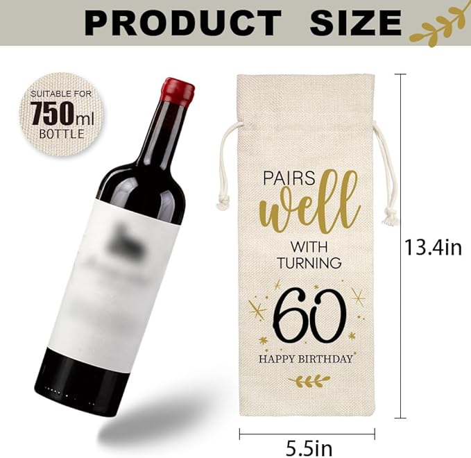 yaanunulu 60th Birthday Gifts for Women Men, 60 Years Old Birthday Wine Bag Gifts, 60th Birthday Decorations, 1964 Birthday Gift, Happy 60th Birthday Party Wine Bag Gifts, Pairs Well With Turning 60