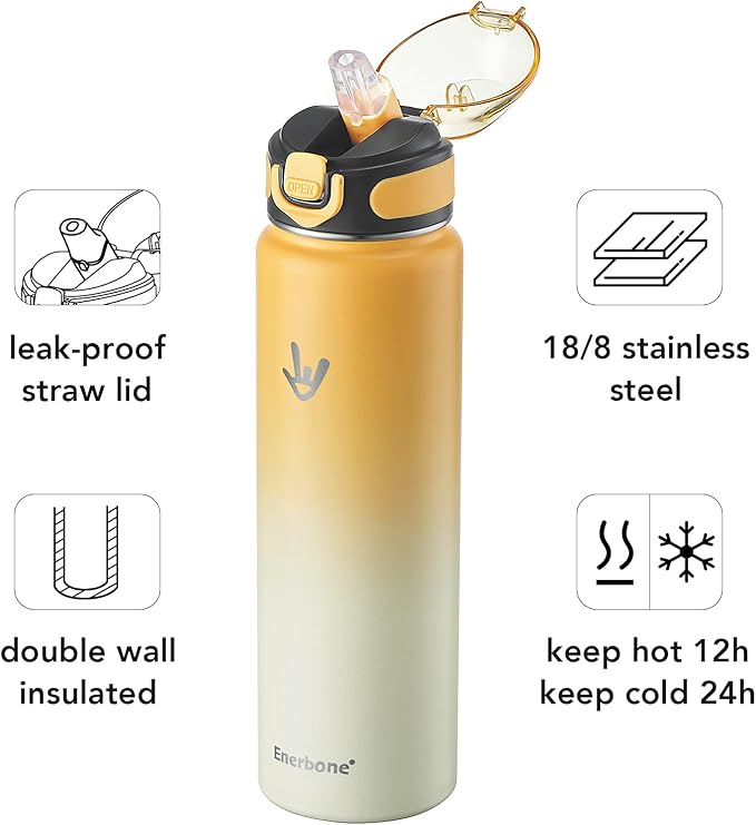 Enerbone Insulated Water Bottle, 32 oz Stainless Steel Water Bottles with Carrying Strap, Double-Wall Vacuum Insulation Thermos, Leakproof Sports Bottle with Straw, Keep Drinks Hot or Cold for Hours