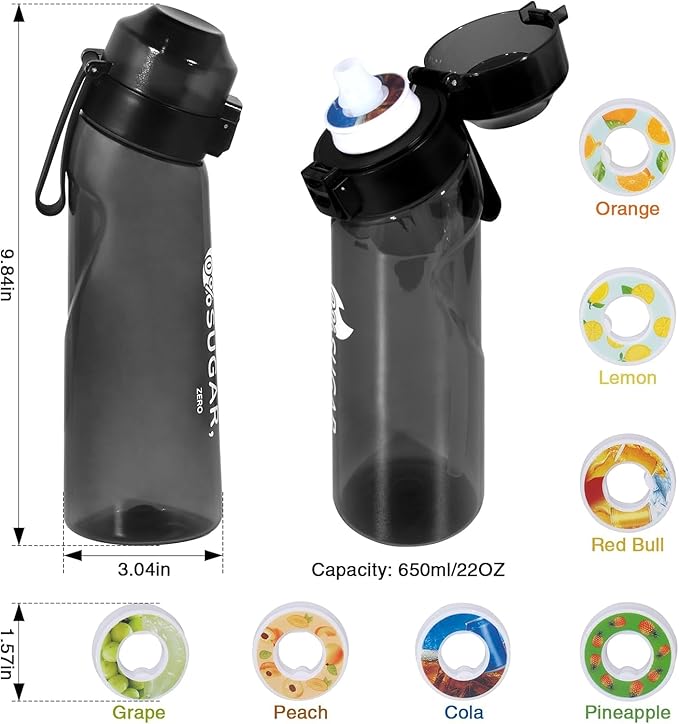 Air Water Bottle 8PCS Flavor Pods 22oz Fruit Fragrance Scented Water Cup BPA Free 0% Sugar For Outdoor Sports,Gifts From Friends, Birthday Gifts (1 bottle Black+7 pods in random flavors)