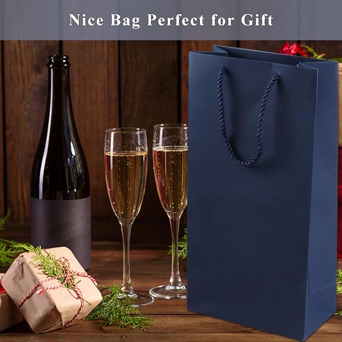 Prembag Wine Bag for Double Wine Bottles,Navy Blue Double Wine Gift Bags, 7"x 3.5"x13.8" Whiskey/Liquor Wine Bottle Bags For Gifts, 2 Bottle Wine Bags with Rope Handles,4 Pcs