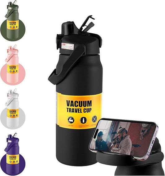 ColorSub 50oz Insulated Water Bottle With 2-in-1 Straw and Chug Leakproof Lid, BPA Free Stainless Steel Wide Mouth Sports Water Cup Flask Black