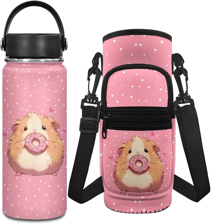 Hamster 20 OZ Reusable Water Bottle for Kids Stainless Steel Water Bottle Insulated Water Bottle Carrier Sling Bag Adjustable Strap