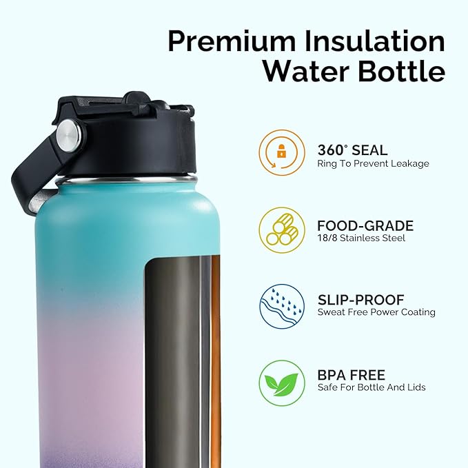 Kerilyn Stainless Steel Insulated Water Bottle, 40oz Double Wall Vacuum Insulated Water Bottle Leak Proof with Silicone Straw, Wide Mouth Lid, BPA Free, Keep Cold and Hot, 40oz, Pink Gradient
