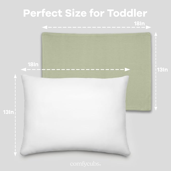 Comfy Cubs Toddler Pillow with Soft Cotton Pillowcase, 13"x18", Sage (2 Pack) - Kids Pillow for Sleeping & Travel - Comfortable Small Pillow - Kids Travel Pillow with Breathable Microfiber Fill