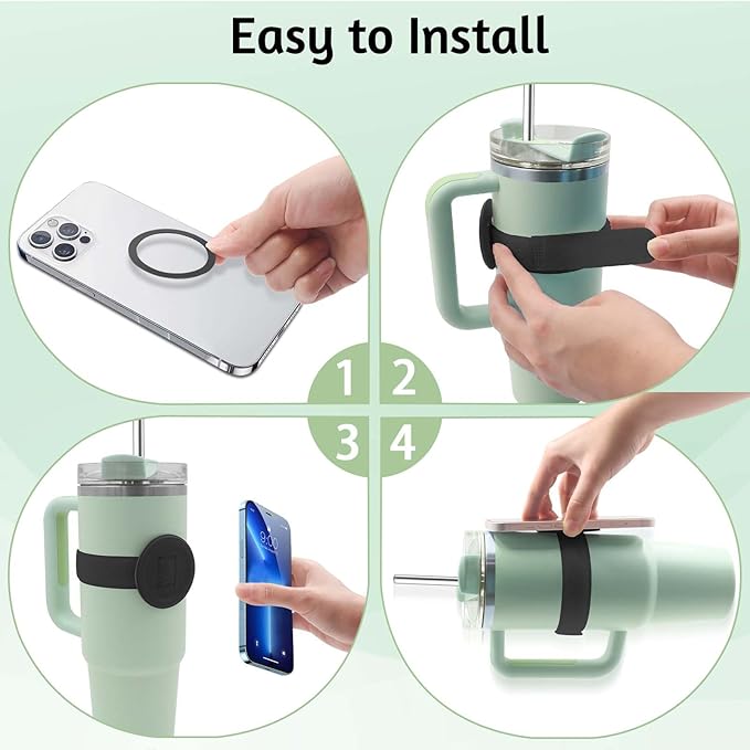 Watter Bottle with Magsafe Phone Holder, Magnetic Holder Adjustable Strap Compatible with Stanley Tumbler Cup Owala 32oz for iPhone Android Devices 2x Metal Iron Ring (Black)