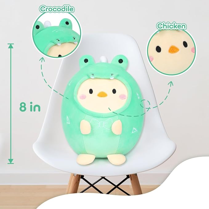 Cute Plush Crocodile Chicken Stuffed Animal Pillow, 8" Soft Kawaii Chick Plushie with Crocodile Outfit Gift for Kids