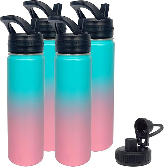 4pack 22 oz Insulated Water Bottle With Straw, Stainless Steel Sports Water Cup Flask with 2 Lids, Wide Mouth Travel Thermal Mug,Pink gradient