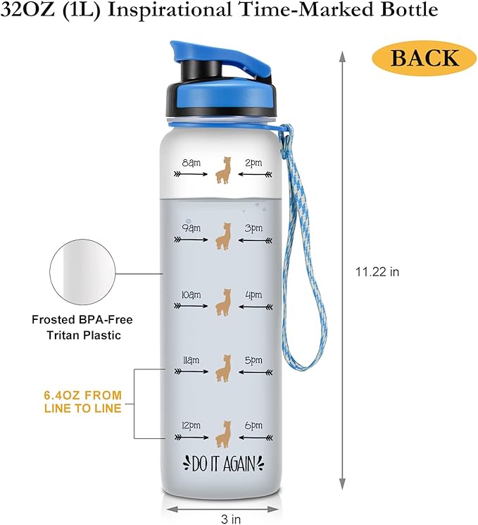 LEADO 32 oz 1 Liter Motivational Tracking Water Bottle with Times to Drink - Listen to Your Llama, Llama Gifts - Funny Mothers Day, Birthday Gifts for Women, Sister, Daughter, Coworker, Her