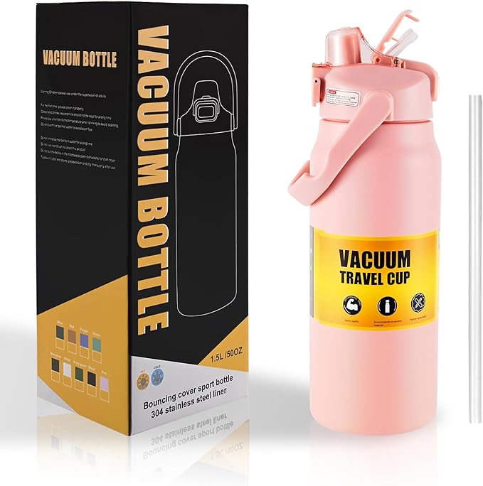 50oz/1.5L Insulated Sports Water Bottle, Stainless Steel Double Wall Water Jug with Handle, 2-in-1 Chug Spout and Straw Lid with Lock Cover for School, Outdoor, Sports & Travel, Pink