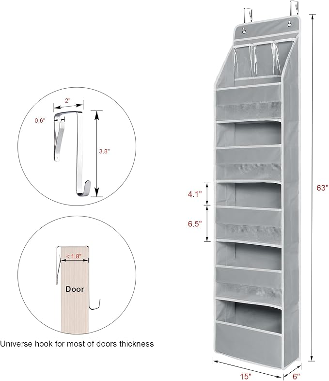 Univivi Over Door Hanging Organizer Storage with 5 Large Pockets and 3 Small PVC Pockets for Cosmetics Wall Hanging Storage Organizer for Pantry Baby Nursery Bathroom Closet Dorm(Grey)