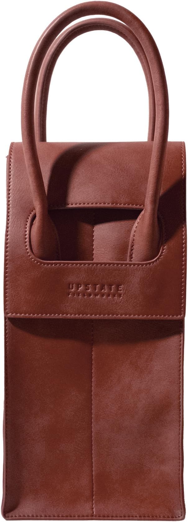 Wine Tote Carrier Bag | 2 Bottle - Vegan Leather, Soft Suede Interior Pouch with Divider - Great for Travel, BYOB, Wine Tastings, Parties, Gifts, Hygge (Brown)