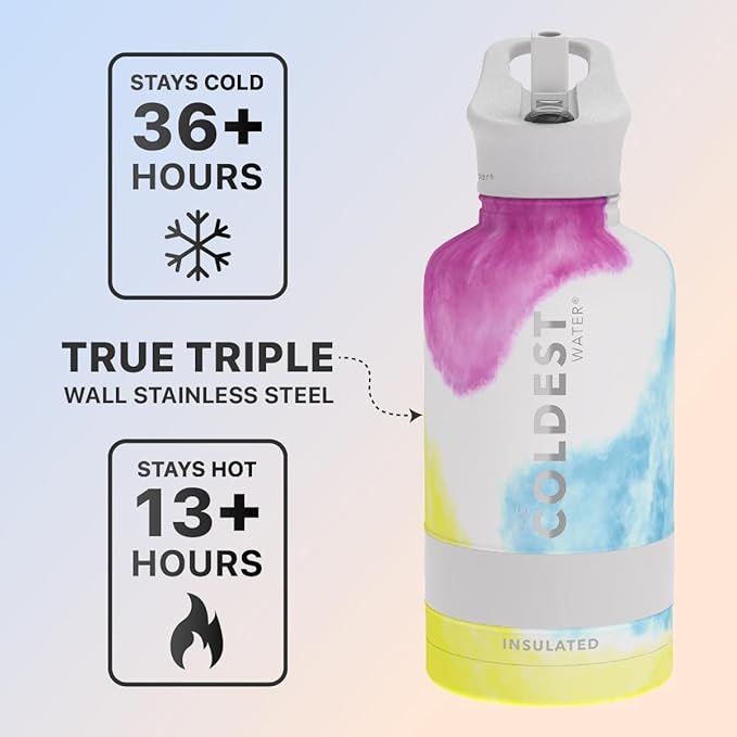 Coldest Sports Water Bottle - 64 oz(Straw Lid), Leak Proof, Vacuum Insulated Stainless Steel, Hot Cold, Double Walled, Thermo Mug, Metal Canteen (64 oz, Clouds of Tie Dye)