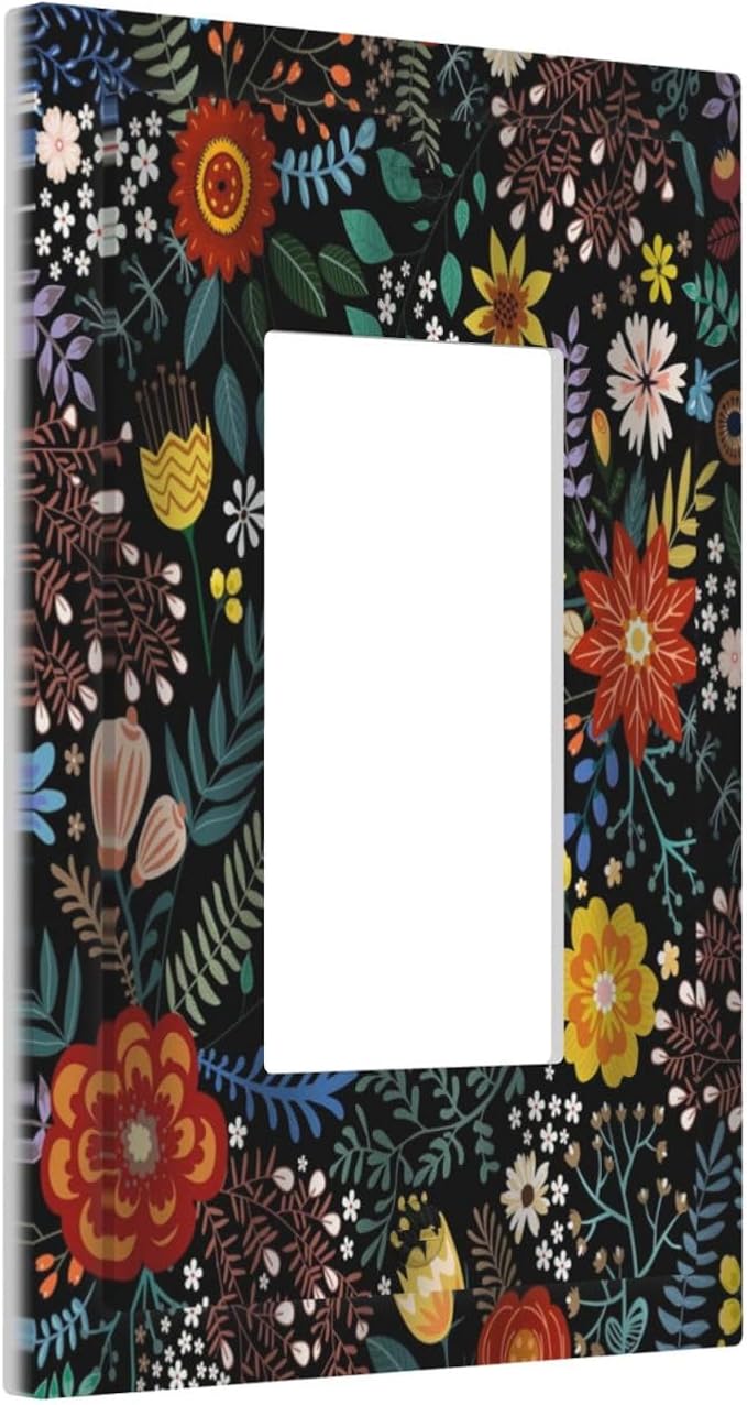 Colorful Flower Boho Floral Rustic Dark Leaves 1 Gang Rocker Light Switch Covers Single Decora Outlet Wall Plate Decorative Switchplate Faceplate GFCI for Farmhouse Country Bedroom Kitchen Decor