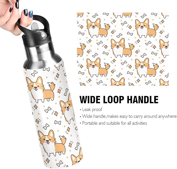 Cute Welsh Corgi Stainless Steel Water Bottle with Straw, BPA Free Reusable Leakproof Water Jug for Fitness Camping Outdoor Sports