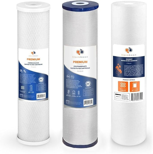 Aquaboon Whole House Water Filter Cartridge Replacement Set | 5 Micron Water Filter 20 x 4.5 Inch | Sediment Filter, Anti-Scale Water Filter, Carbon Block Water Filter for Water Filtration System