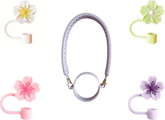 Stanley Accessories Water Bottle with Strap Bottle Sling Carrier with Handle Attachment Fits Most 8-40oz Tumbler & Stanley + 4Cute Straw Covers 3D Straw Toppers Gift Set-Blossom