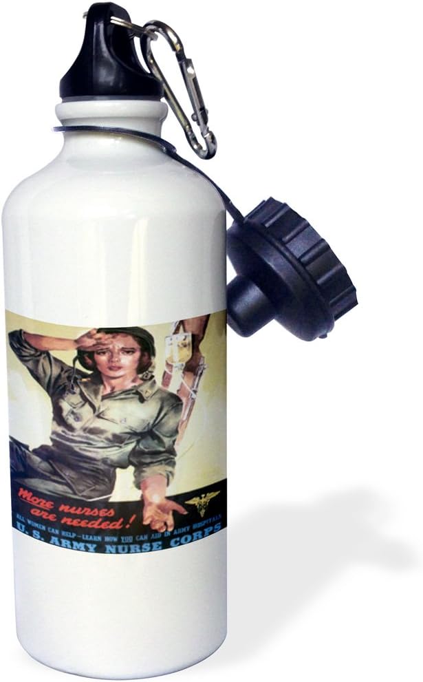 3dRose "Vintage More Nurses Are Needed US Army Nurse Corps Recruiting Poster" Sports Water Bottle, 21 oz, White