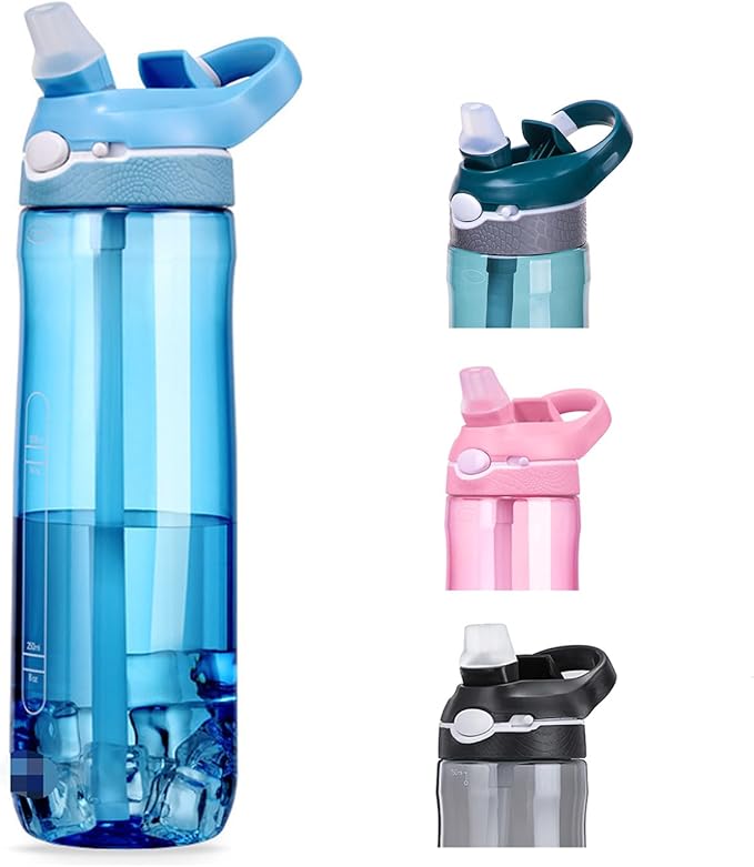 SHELFLOVER Light Blue Water Bottle With Narrow Straw, BPA FREE Clear Bottles With Handle One Hand Use Easy Carried, Flip Up, Suit School, Office, Gym, Office, 24oz (750ml), SLWB24OLB