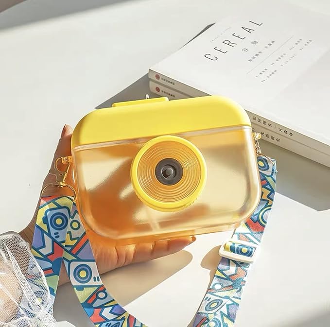 Camera Bottle Travel Cup with Straw Birthday Party Gift Ice Drinking Water Bottle Mug with Strap Picnic (camera yellow, 400 ml)
