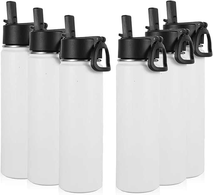 Volhoply 24oz Insulated Water Bottle With Straw Bulk 6 Pack,Metal Wide Mouth Water Bottles With Handle Lid Keep Cold,Reusable Double Wall Thermos,Powder Coated Sport Bottle For Holder(White,6 Count)