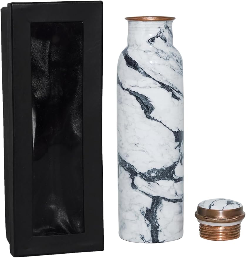 Copper Ayurveda Copper Water Bottle for Drinking – Travel Water Bottle for Gym, Yoga, Office, Hiking, Outdoor – with Lid (White Black Marble)