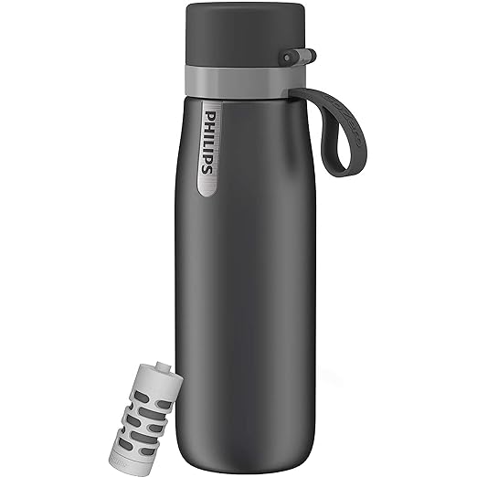PHILIPS Filtered Water Bottle, Insulated Stainless Steel Water Purifier Bottle for Daily Life & Travel, BPA Free with GoZero Everyday Filter for Cleaner & Tastier Tap Water, Keeps Cold, 18.6 oz Gray