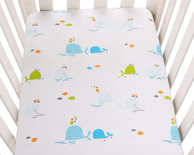 Bassinet Sheets Compatible with Dream On Me Karley (Plus Portable) Bassinet, Chicco LullaGo Portable and ANGELBLISS 3 in 1 Rocking, 2 Pack, 100% Jersey Knit Cotton 190GSM, Ultra Soft, Dolphin & Whale