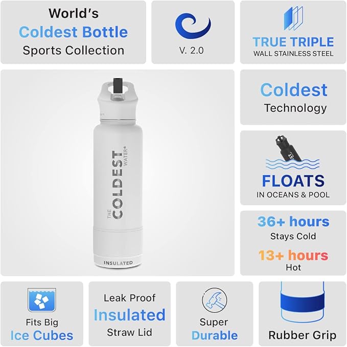 Coldest Sports Water Bottle with Straw Lid Vacuum Insulated Stainless Steel Metal Thermos Bottles Reusable Leak Proof Flask for Sports Gym (Epic White, 40 oz)