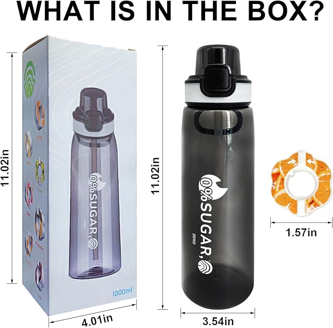Newly Upgraded 35oz Air Water Bottle with Flavor Pods, Leak Proof Scented Water Bottle with Large Portable Handle, 0 Suger No BPA for Gym, Outdoors, Schools (Black Straight Mouth)