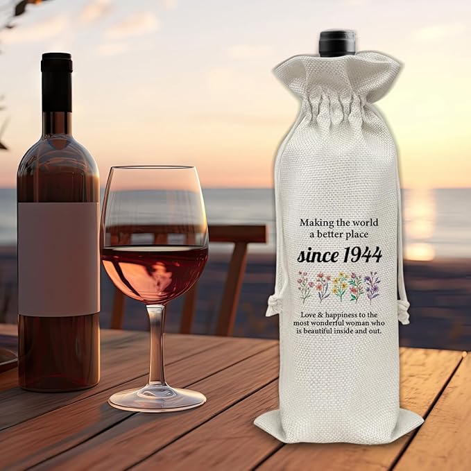 80th Birthday Gifts Wine Bag Congratulations Gifts for Women Men Parents Mom Dad Anniversary 1944 with Time Information Wine Gift Bag