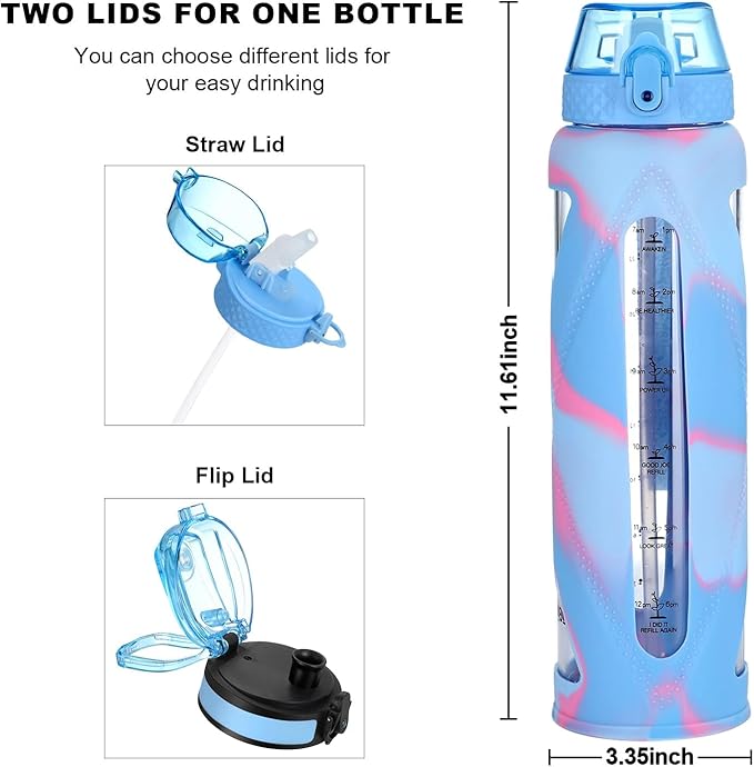 GOPPUS Glass Water Bottles with Straw and Flip Lid, Motivational Water Bottles with Time Marker Reminder and Silicone Sleeve, Leakproof, BPA Free (32 oz, Light Blue and Pink)