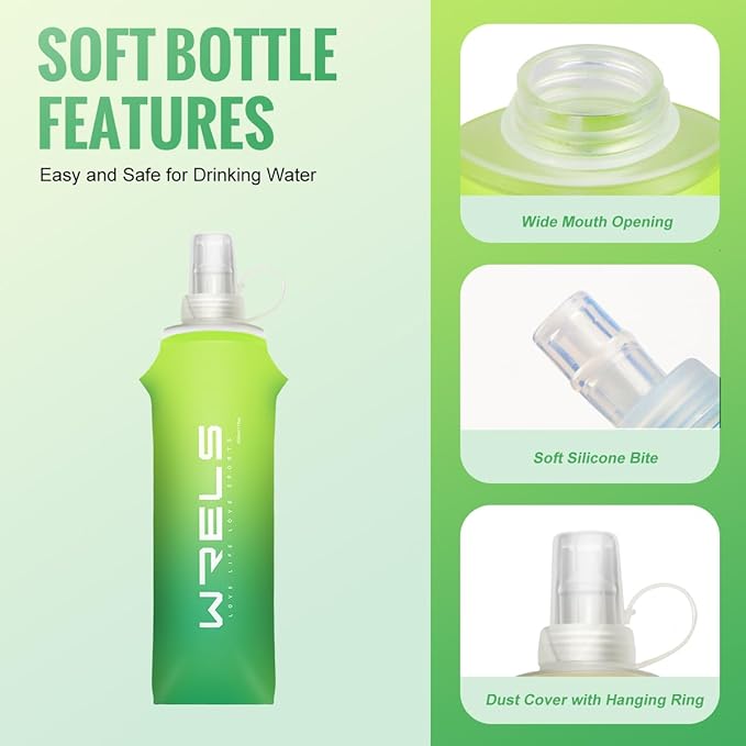 Collapsible TPU Soft Flask,Reusable Handheld Soft Water Bottle for Hydration Pack,BPA Free Gradient Folding Water Flask for Running Cycling Climbing (Mix Green-500ml *2)