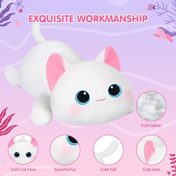 Cute Cat Plush Pillow, Kawaii Plushies White Cat Stuffed Toys, Squishy Plushies, Cuddle Body Pillow for Kids & Girls