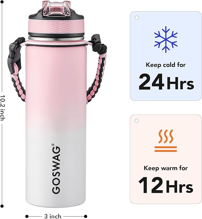 GOSWAG Insulated Sports Water Bottle, 24oz 2 Lids(with Straw/No Straw), Stainless Steel Water Bottles with Paracord Handle, Insulated Thermos with Double-Wall Vacuum Insulation