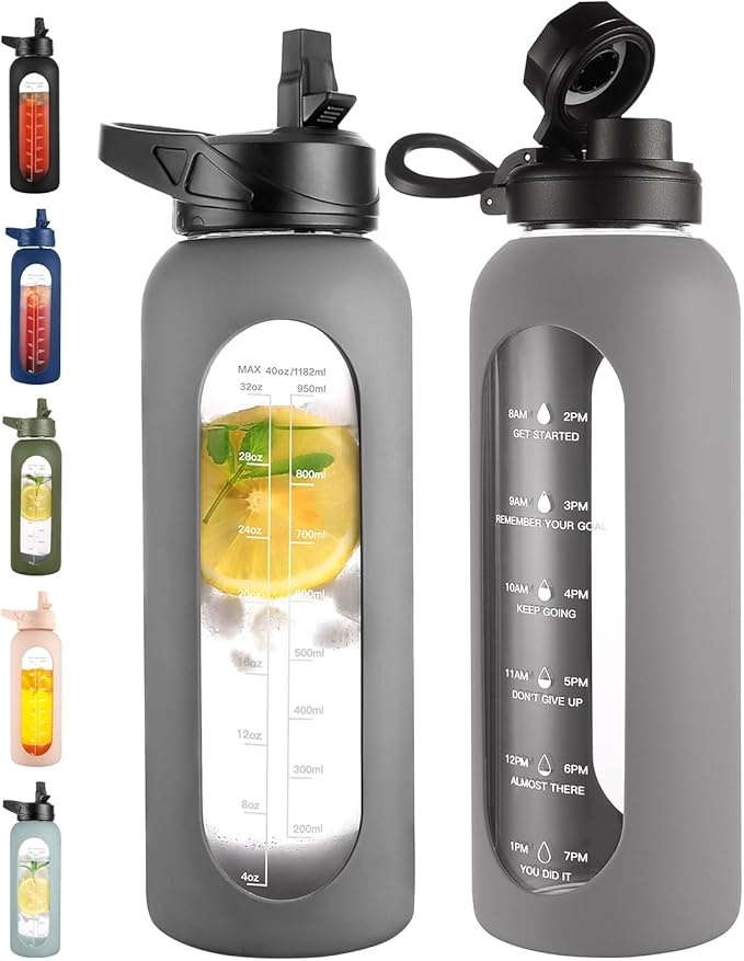 CIVAGO 40 oz Glass Water Bottle with Straw and Handle, Large Sports Motivational Water Bottle Flask with Time Marker and 2 Lids, Leakproof Water Jug Canteen with Silicone Sleeve for Gym,Gray