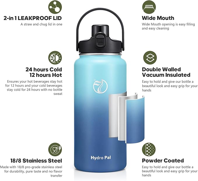 Half Gallon Insulated Water Bottle with 2-in-1 Lid (Chug Lid/Straw Lid), 40/64oz Double Walled Vacuum Stainless Steel Water Bottles, Water Jug with Straw