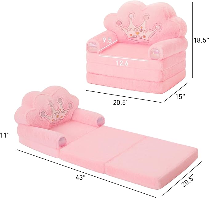 MOONBEEKI Toddler Chair Comfy，Foldable Princess Kids Couch for Girl, Toddler Recliners for Kids Over 18 Months, Kids Sofa Bed Fold Out(Pink)