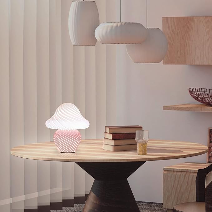 Mushroom Lamp, Small Pink Table Lamp with Striped Glass, Cute Little Swirl Nightstand Lamp for Bedroom, Bedside, Living Room, Gift for Girls Women Birthday Christmas Thanksgiving Day