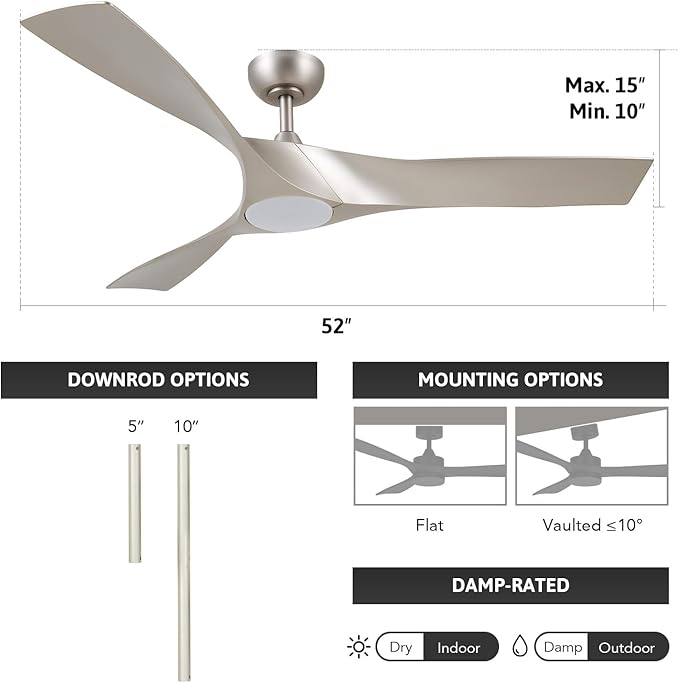 VONLUCE Ceiling Fans with Lights, 52 inch Ceiling Fan with Remote, 3 Blades, Noiseless 6-Speed Reversible DC Motor, Modern Ceiling Fan for Farmhouse Patio Bedroom Living Room, Nickel with Light